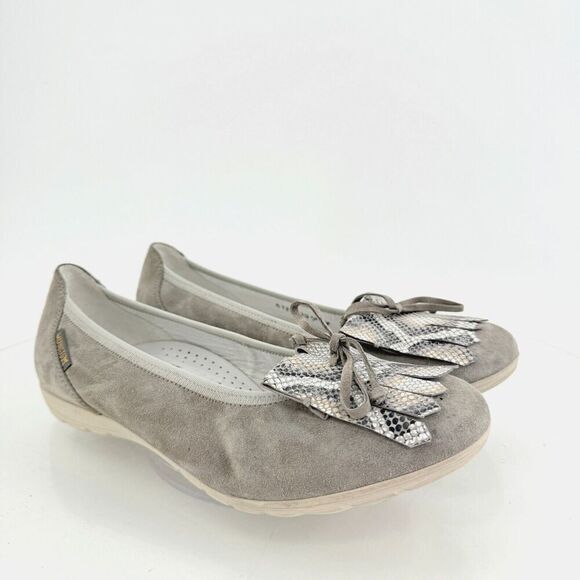 Mephisto Ballet Flats Grey Leather Kiltie Hidden Wedge Slip On Size 7 Bow Snake - Picture 1 of 15